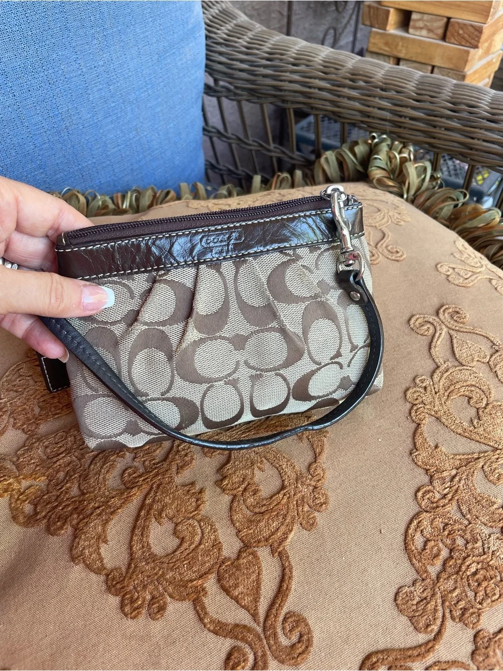 Coach Khaki and Brown Signature Canvas Wristlet